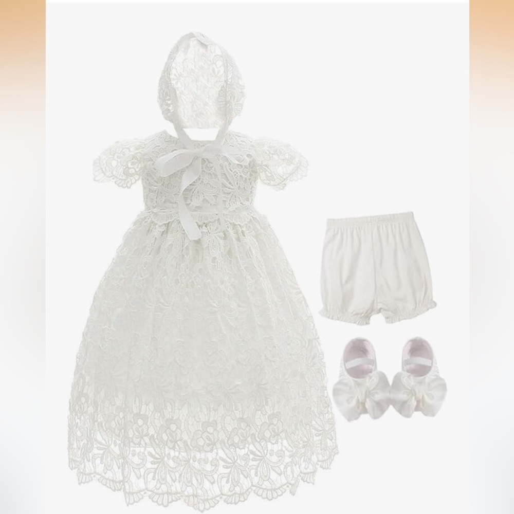 White Lace Baby Dress Set with Bloomers and Bow Shoes